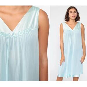 Vintage 80s Vanity Fair Blue Nightgown Lingerie Slip Dress Babydoll Size Medium